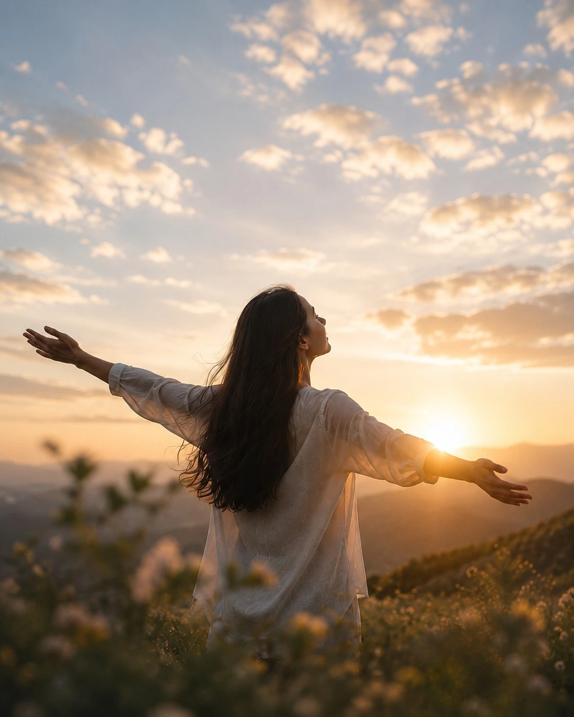 Woman opening her arms wide to the golden sunset — freedom, release and transformation