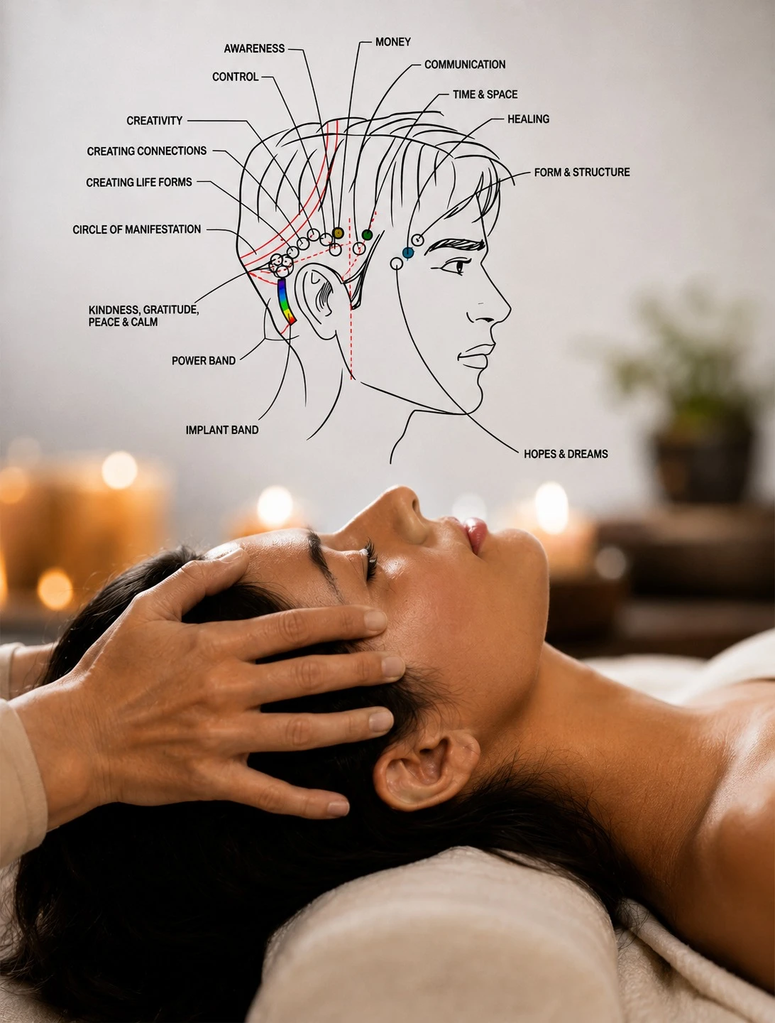 Bars session — practitioner gently working on the client's head with energy points mapped