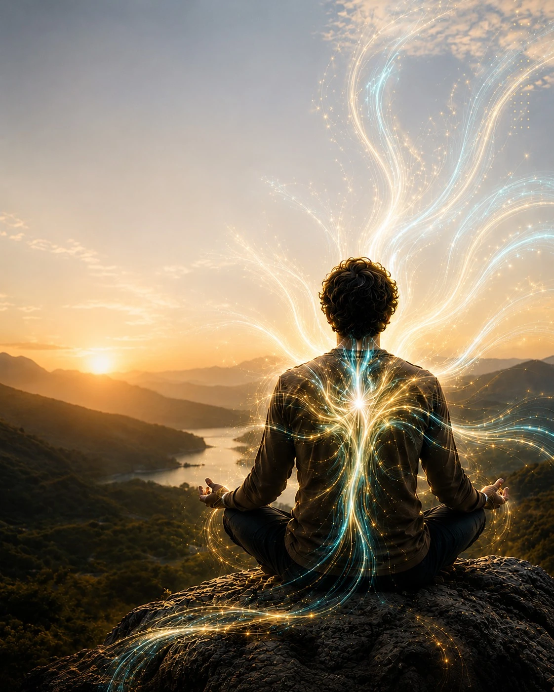 Person meditating with energy flowing — balanced lifestyle and mindful presence