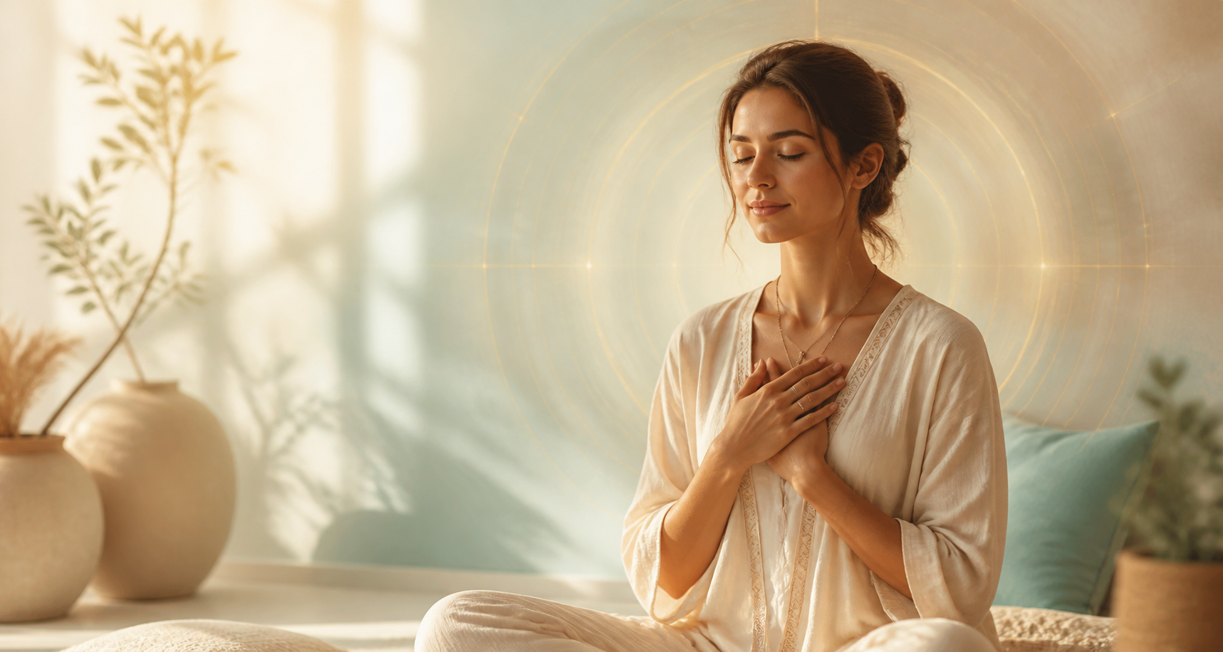 Serene mind-body wellness scene in warm natural light